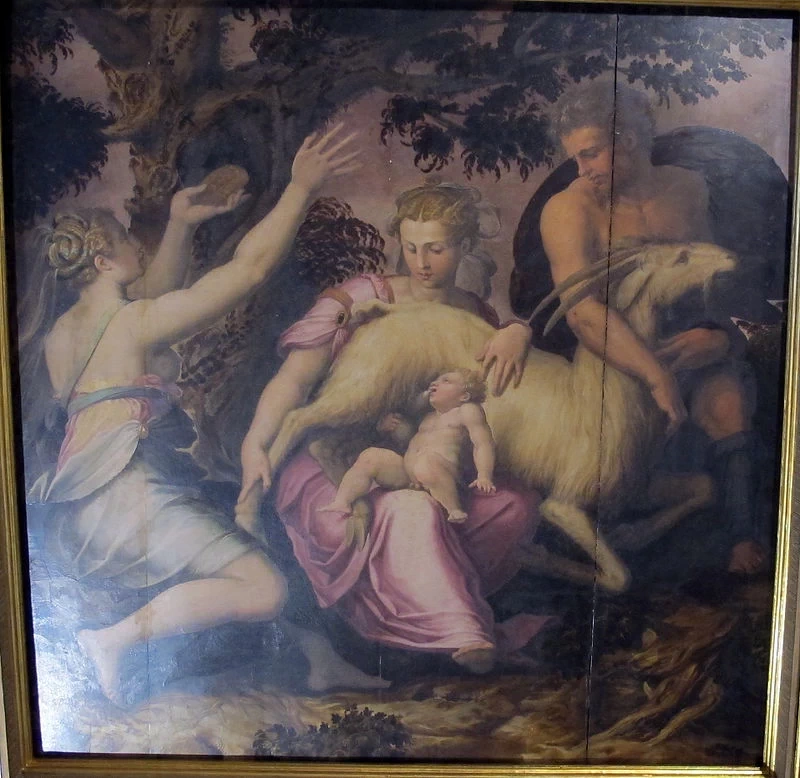 Sala di Giove - allattato da Amaltea e le ninfe, di Vasari, Cristoforo Gherardi e Marco da Faenza, Palazzo Vecchio, Firenze